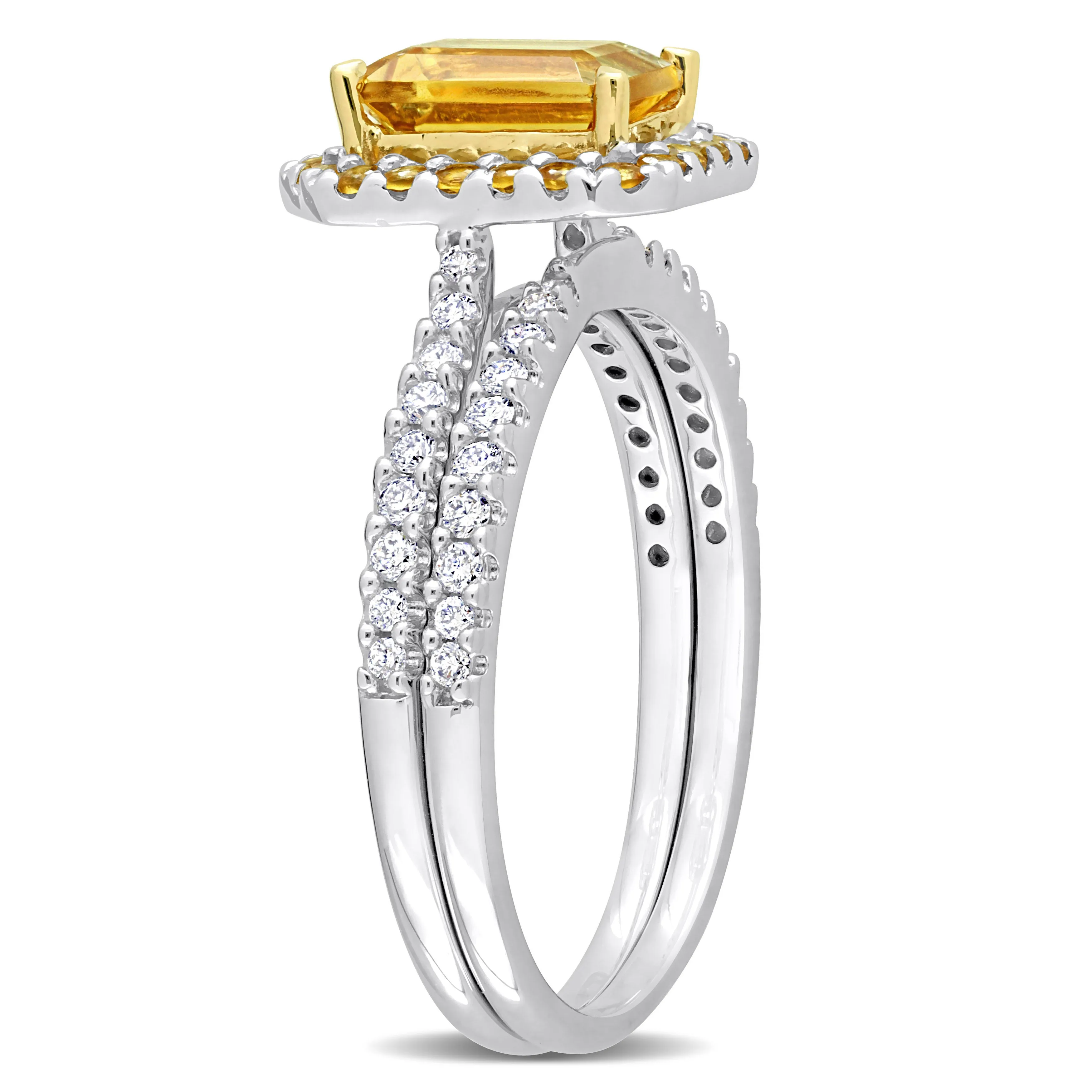 1 1/3 CT TGW Octagon Citrine and 1/4 CT TW Diamond Halo Bridal Ring Set in 14k White and Yellow Gold