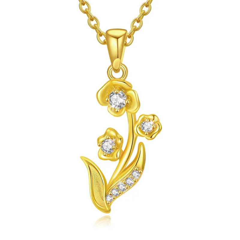 14k Real Gold Diamond Lily of the Valley Necklace  May Birth Flower Necklace Birthday Necklace Yellow Gold Jewelry Anniversary M