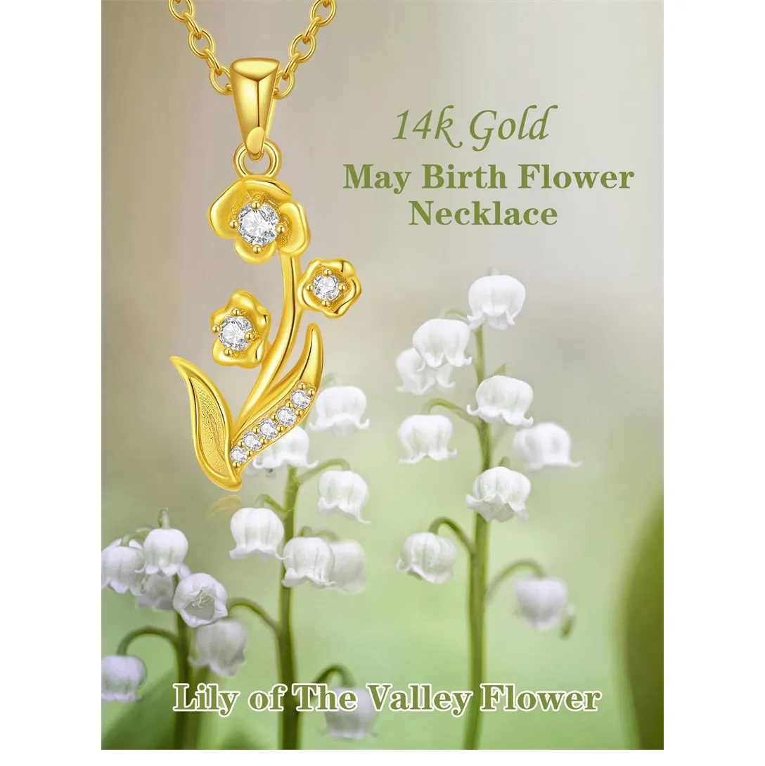 14k Real Gold Diamond Lily of the Valley Necklace  May Birth Flower Necklace Birthday Necklace Yellow Gold Jewelry Anniversary M