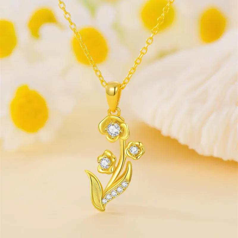 14k Real Gold Diamond Lily of the Valley Necklace  May Birth Flower Necklace Birthday Necklace Yellow Gold Jewelry Anniversary M