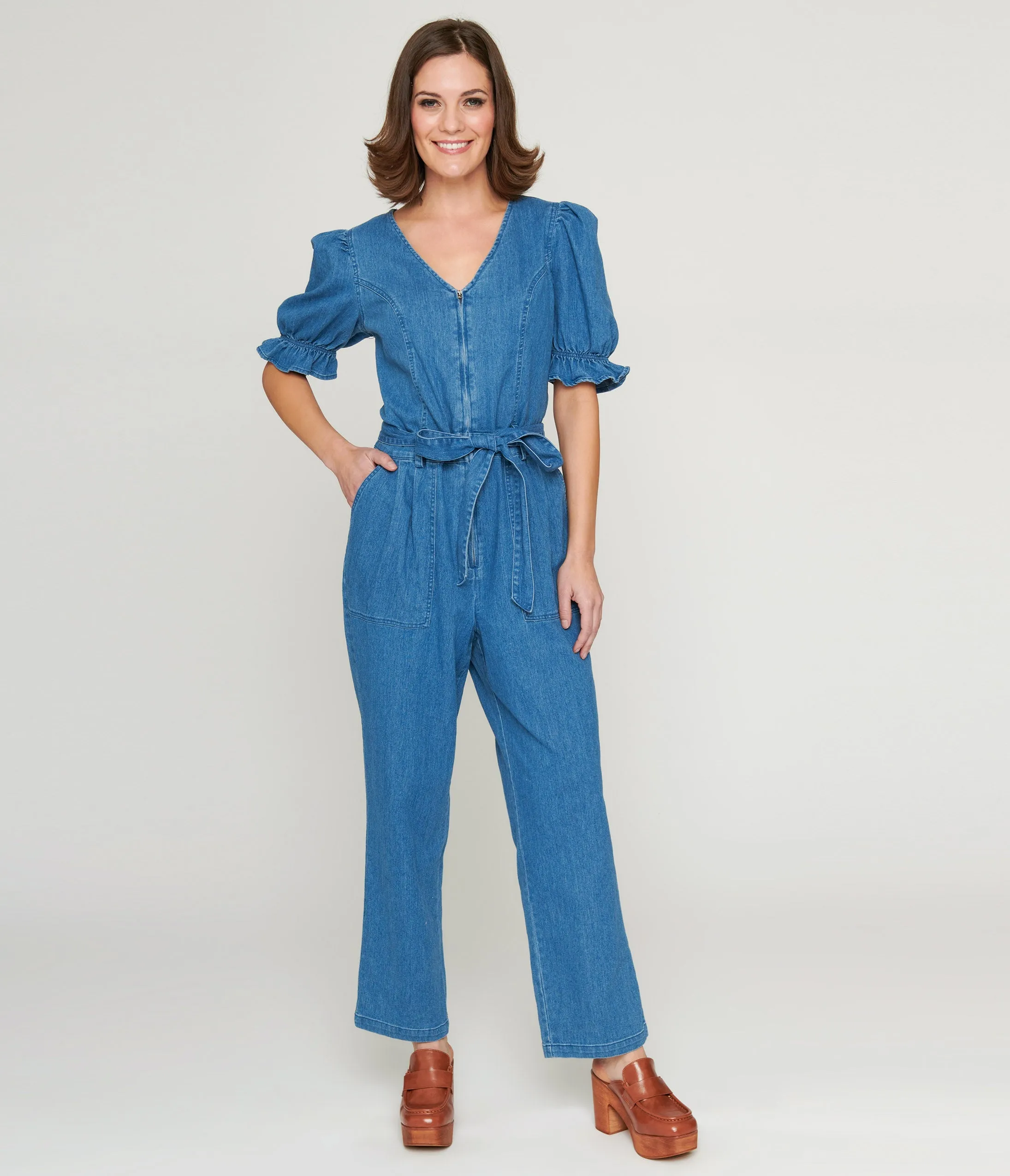 1970s Denim Puff Sleeve Jumpsuit