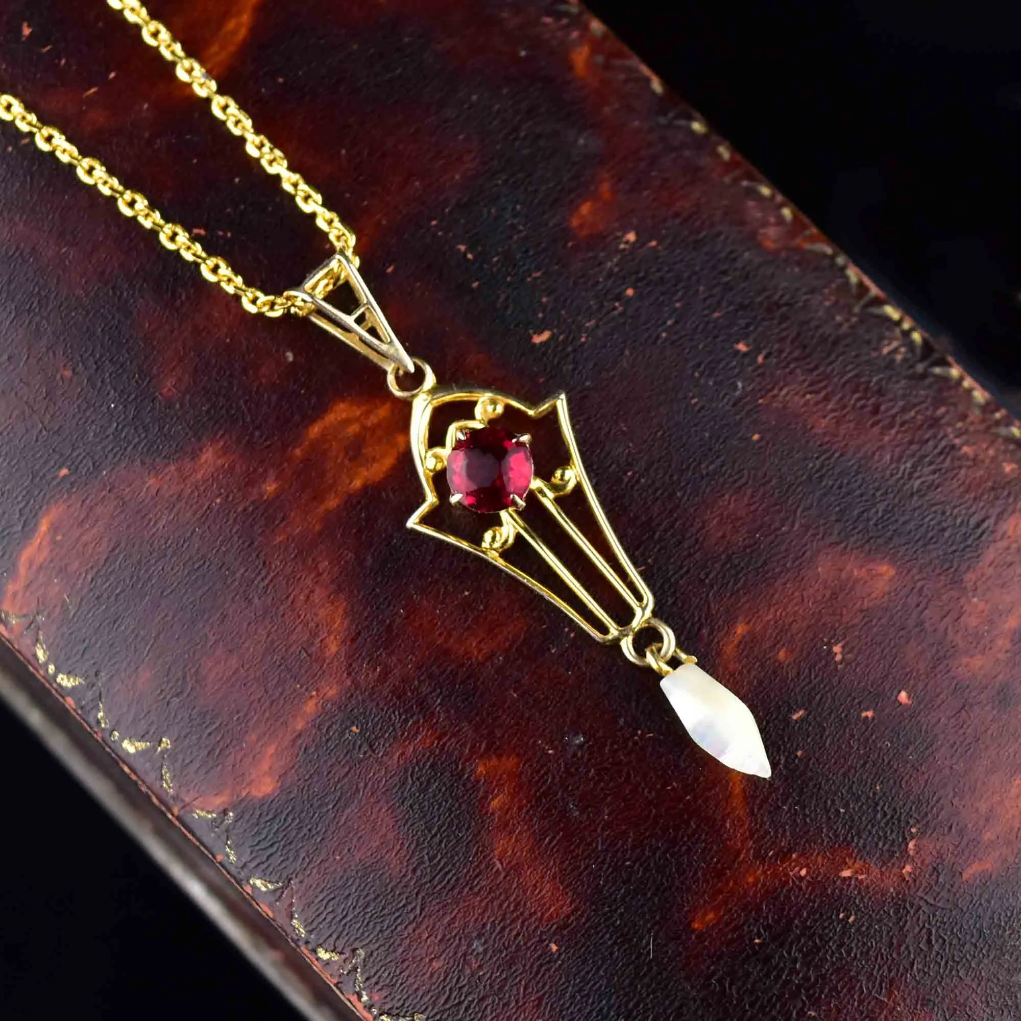 Antique 10K Gold Ruby Pearl Lavalier Necklace