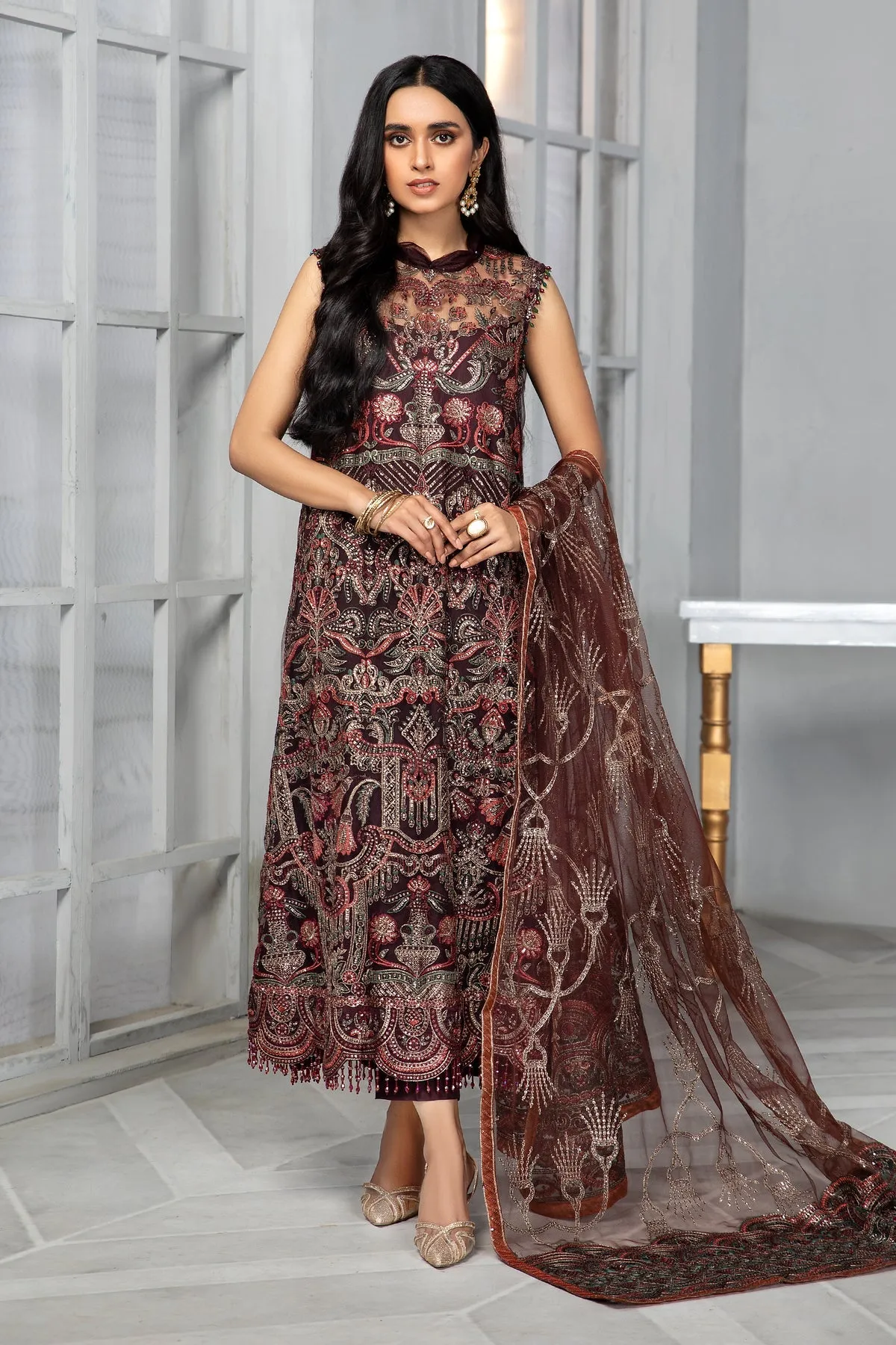 Bahaar by Zarif Embroidered Net Unstitched 3 Piece Suit - ZB 06 MOCHA