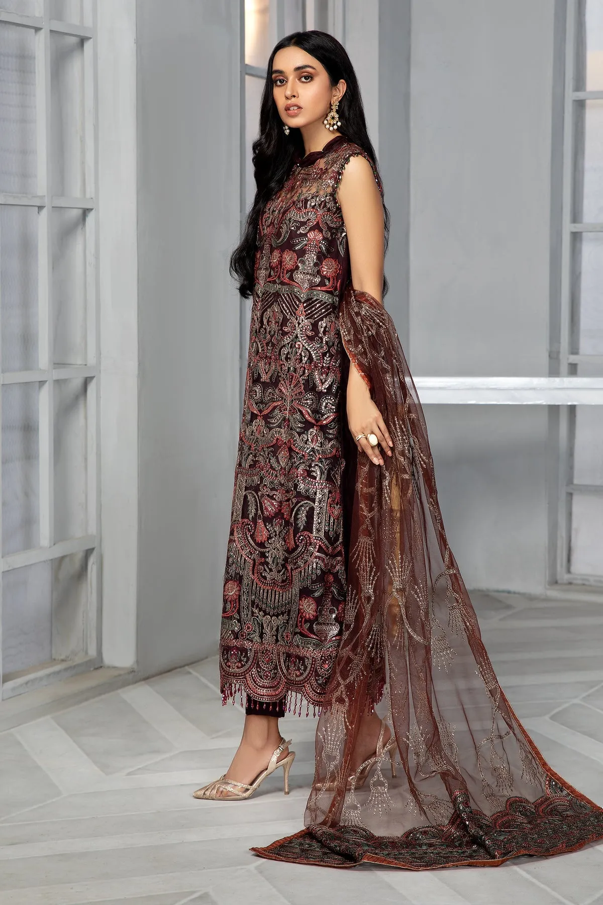 Bahaar by Zarif Embroidered Net Unstitched 3 Piece Suit - ZB 06 MOCHA