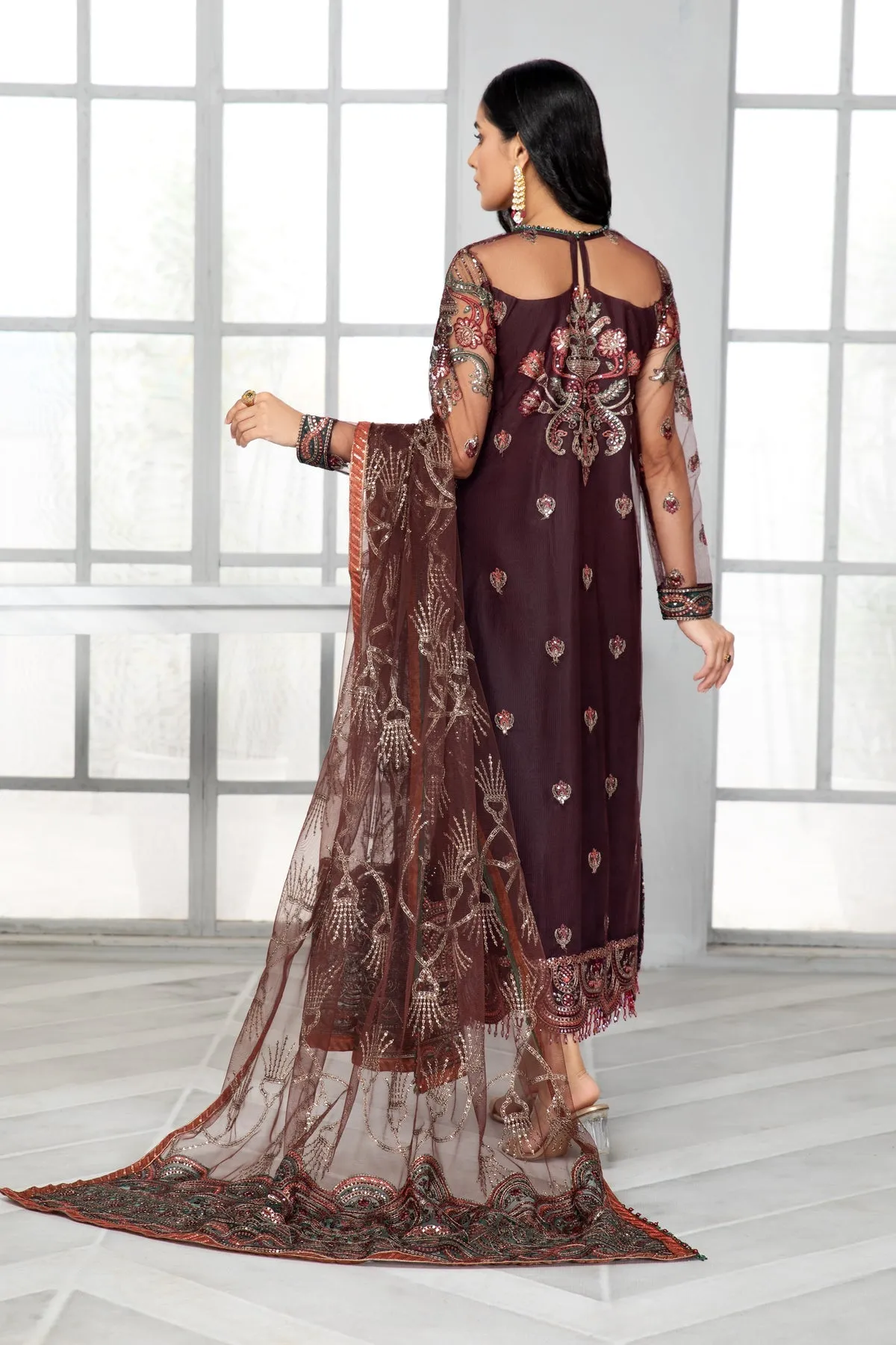 Bahaar by Zarif Embroidered Net Unstitched 3 Piece Suit - ZB 06 MOCHA