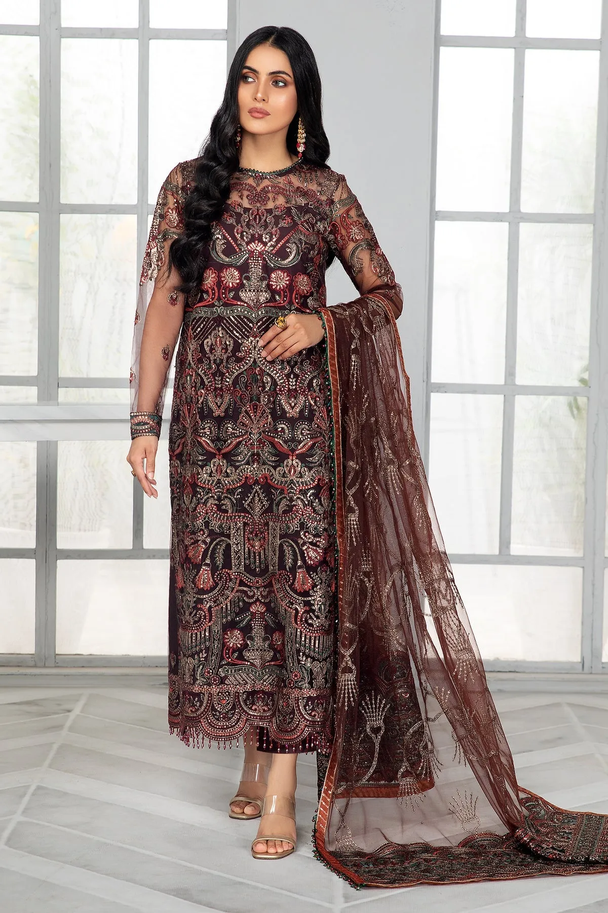 Bahaar by Zarif Embroidered Net Unstitched 3 Piece Suit - ZB 06 MOCHA