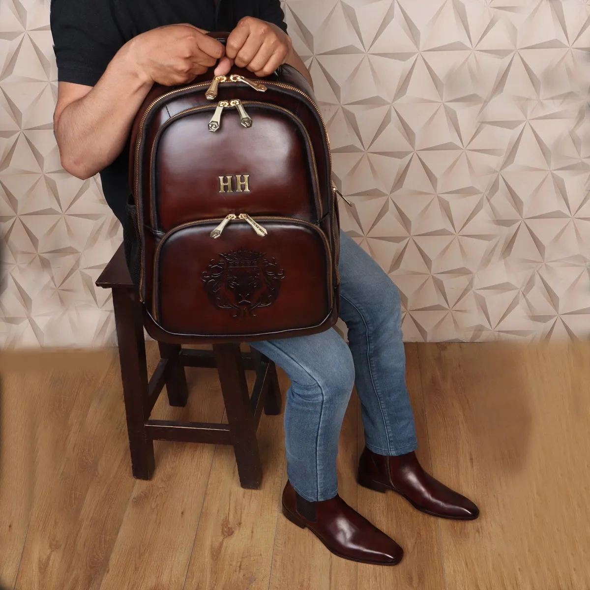 Bespoke 'HH' Metal Initials Dark Brown Leather Backpack with Embossed Logo by Brune & Bareskin