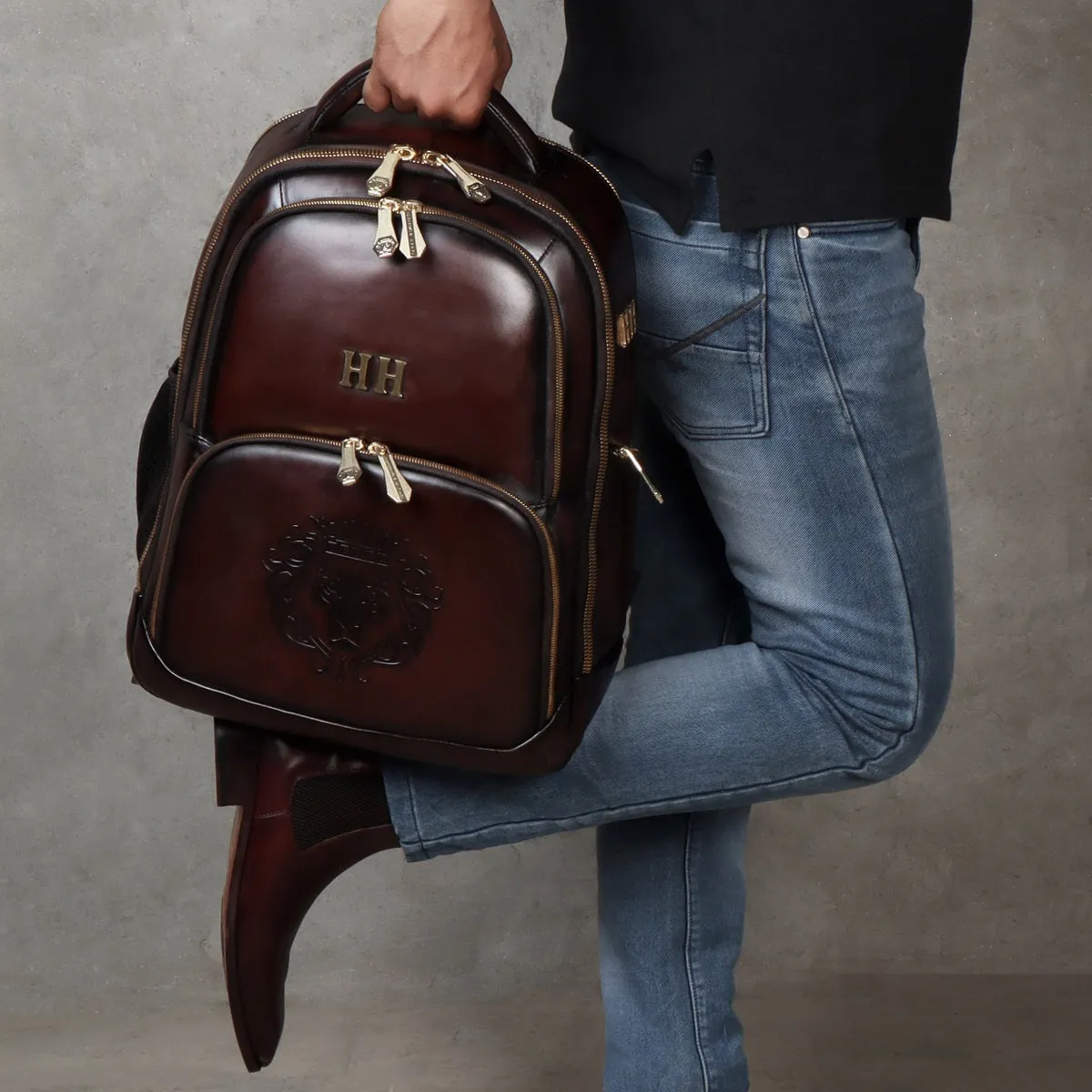 Bespoke 'HH' Metal Initials Dark Brown Leather Backpack with Embossed Logo by Brune & Bareskin