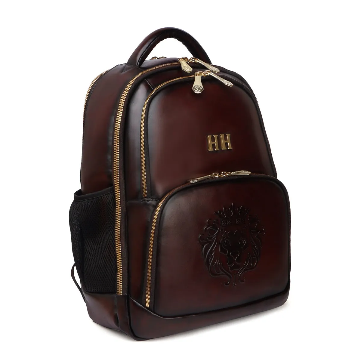 Bespoke 'HH' Metal Initials Dark Brown Leather Backpack with Embossed Logo by Brune & Bareskin