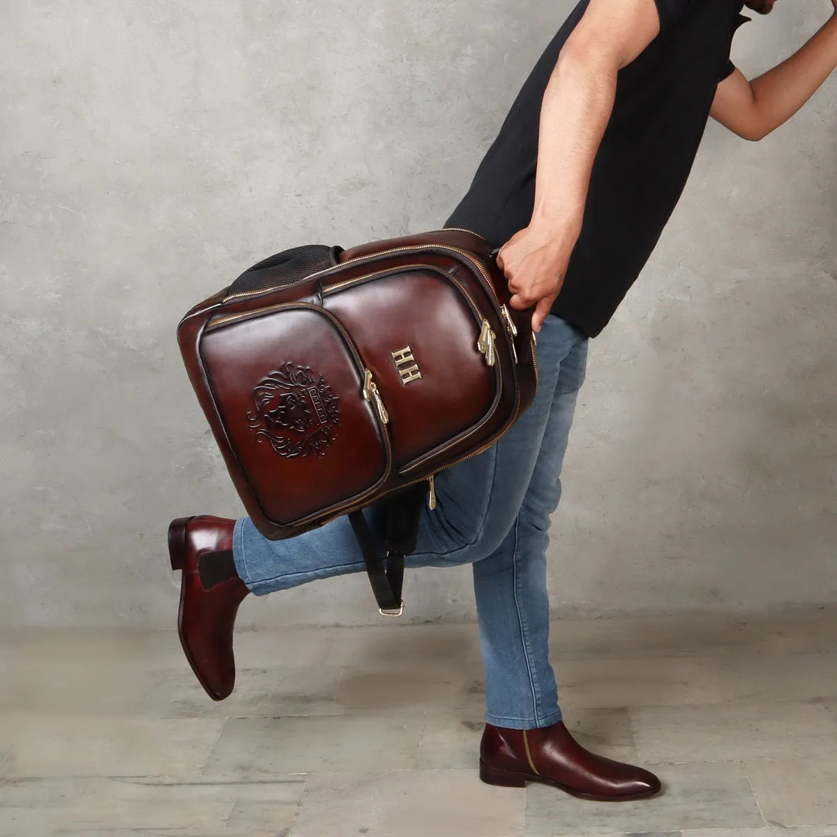 Bespoke 'HH' Metal Initials Dark Brown Leather Backpack with Embossed Logo by Brune & Bareskin