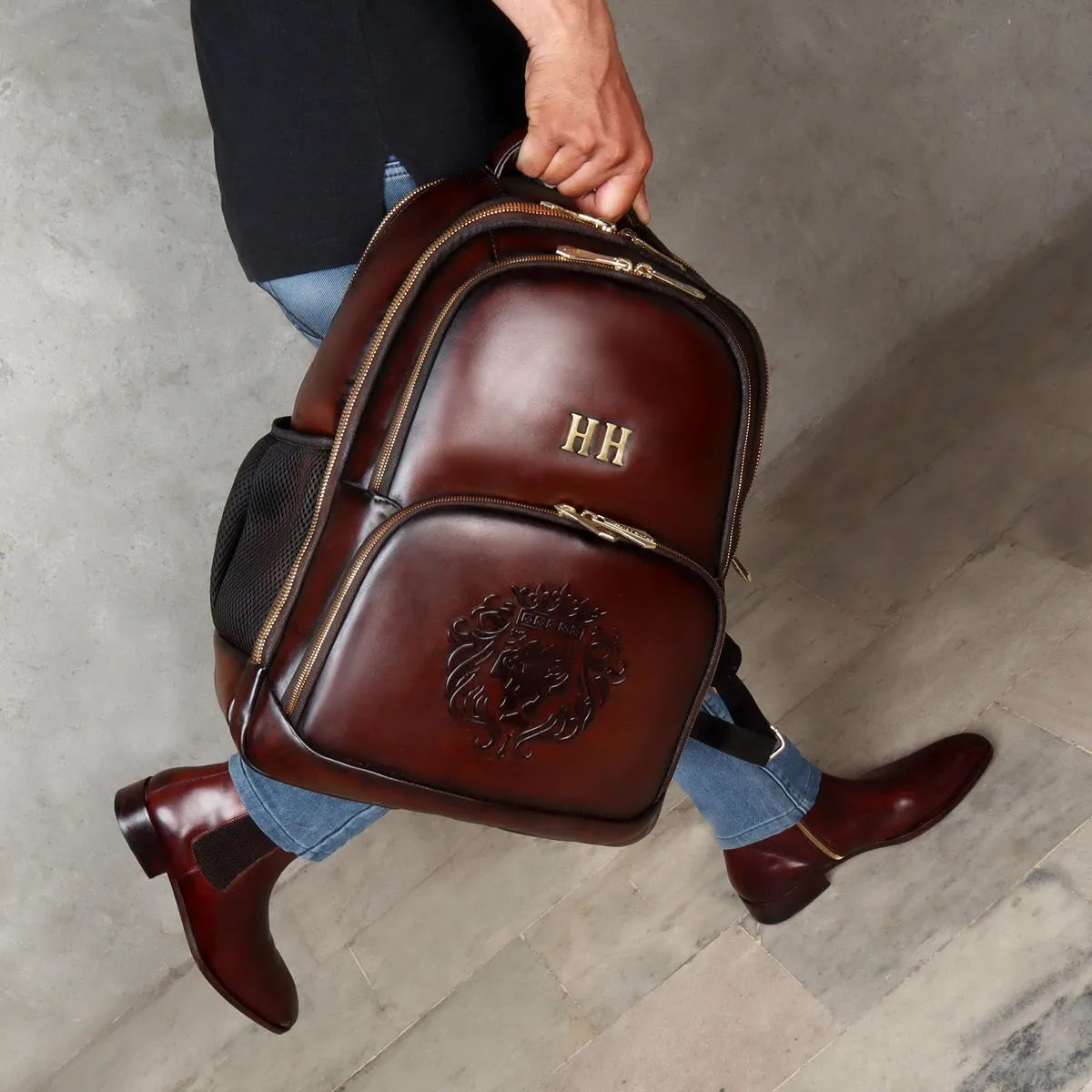 Bespoke 'HH' Metal Initials Dark Brown Leather Backpack with Embossed Logo by Brune & Bareskin