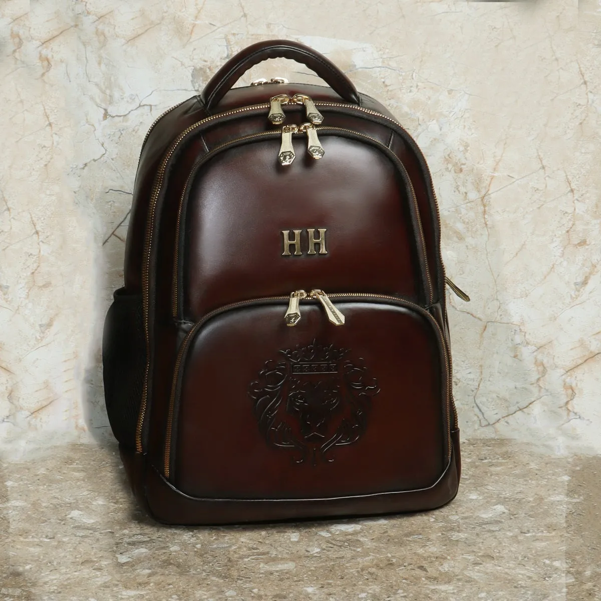 Bespoke 'HH' Metal Initials Dark Brown Leather Backpack with Embossed Logo by Brune & Bareskin