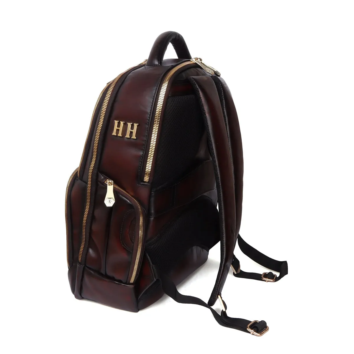 Bespoke 'HH' Metal Initials Dark Brown Leather Backpack with Embossed Logo by Brune & Bareskin