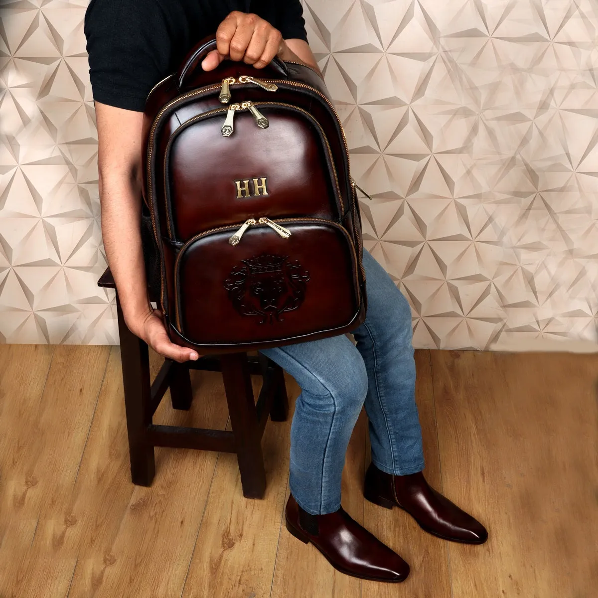 Bespoke 'HH' Metal Initials Dark Brown Leather Backpack with Embossed Logo by Brune & Bareskin