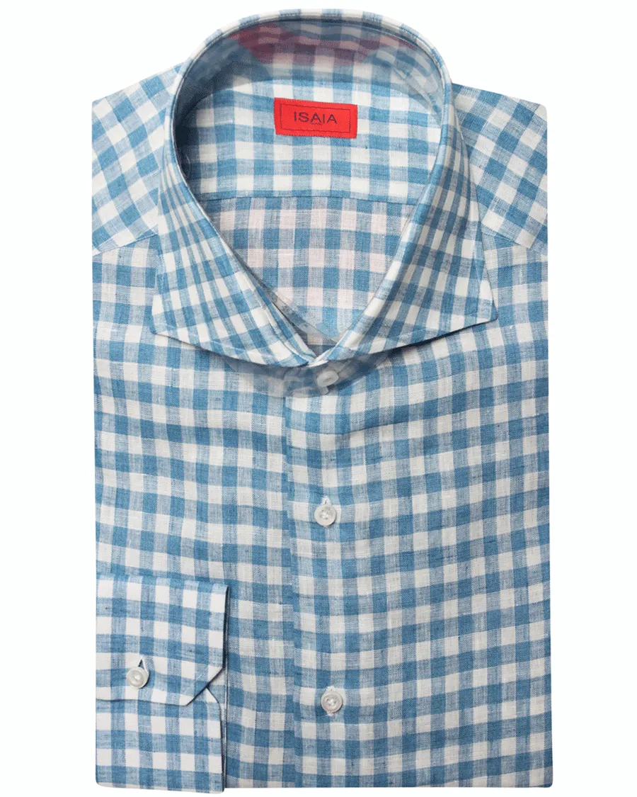 Blue and White Checked Linen Dress Shirt