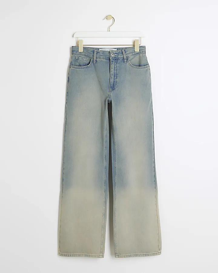 Blue mid rise relaxed straight faded jeans