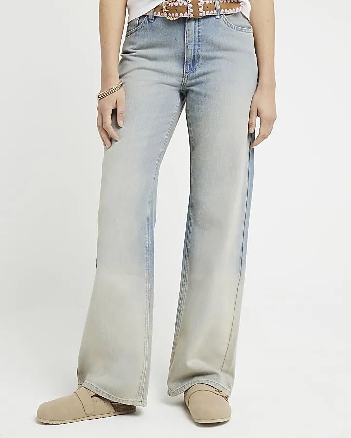 Blue mid rise relaxed straight faded jeans