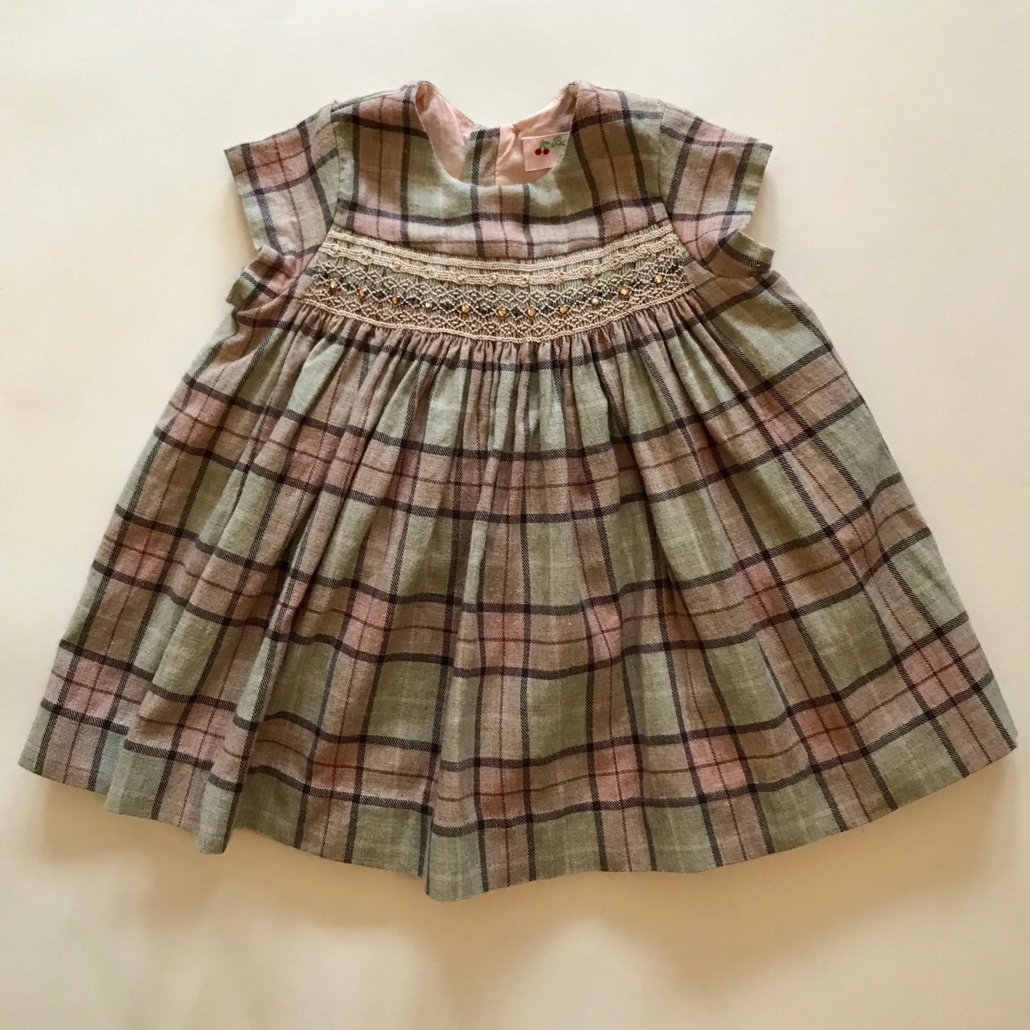 Bonpoint Wool Tartan Duchesse Smocked Dress With Crystal Embellishment: 6 Months