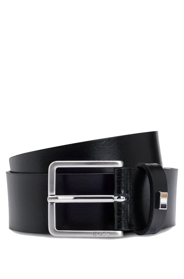 BOSS SHOES & ACCESSORIES Boss Italian-Leather Belt with Signature-Stripe Keeper Trim - Black