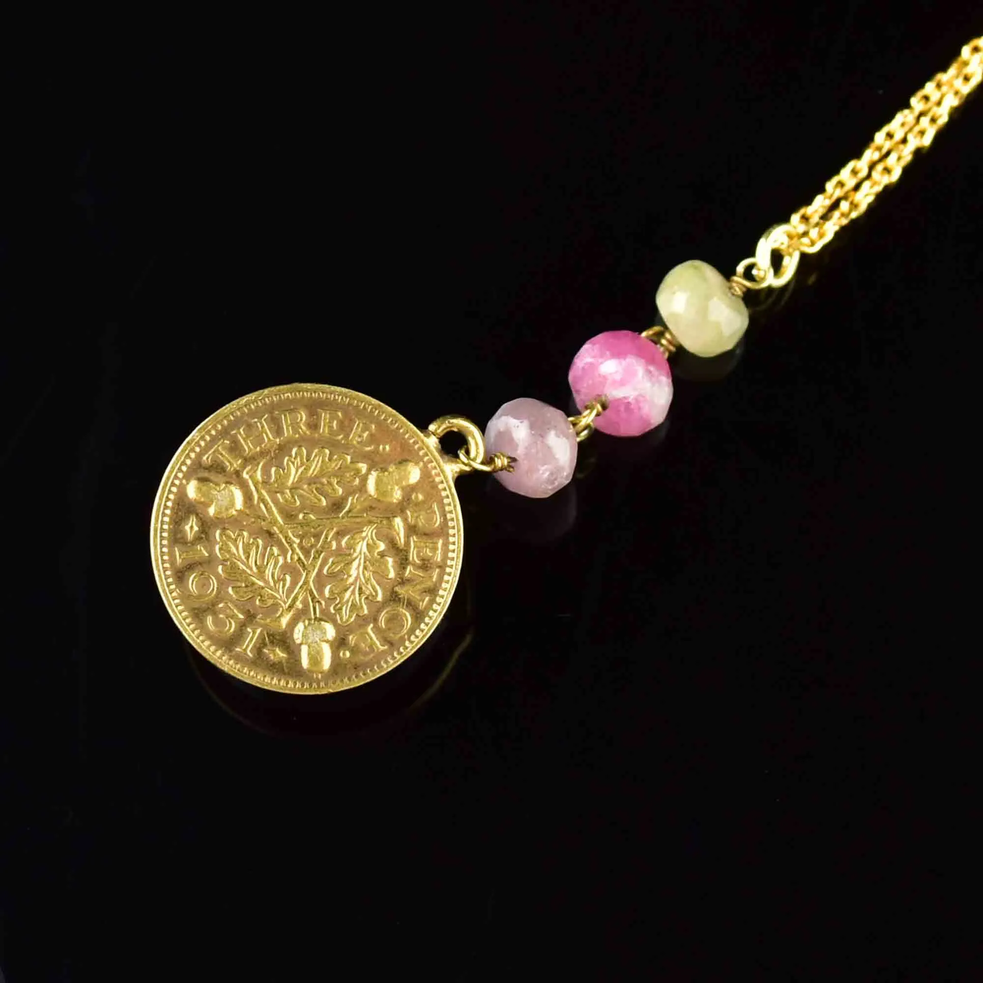 Carved Tourmaline Man in the Moon Coin Charm Pendant Necklace