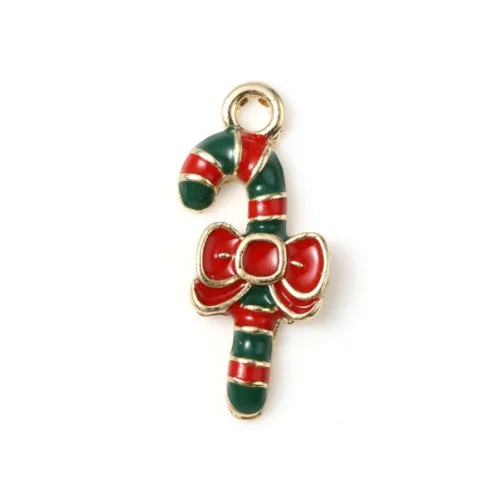 Charms, Christmas Bowknot Candy Cane, Red, Green, Enameled, Light Gold Plated, Alloy, 21mm