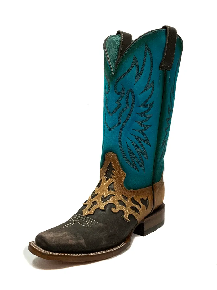 Corral Z5099 Ladies Overlay And Embroidery Square Toe Western Boot Blue Tobacco