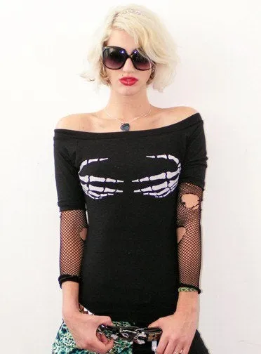 Death Grip Black off shoulder top skeleton hands print top