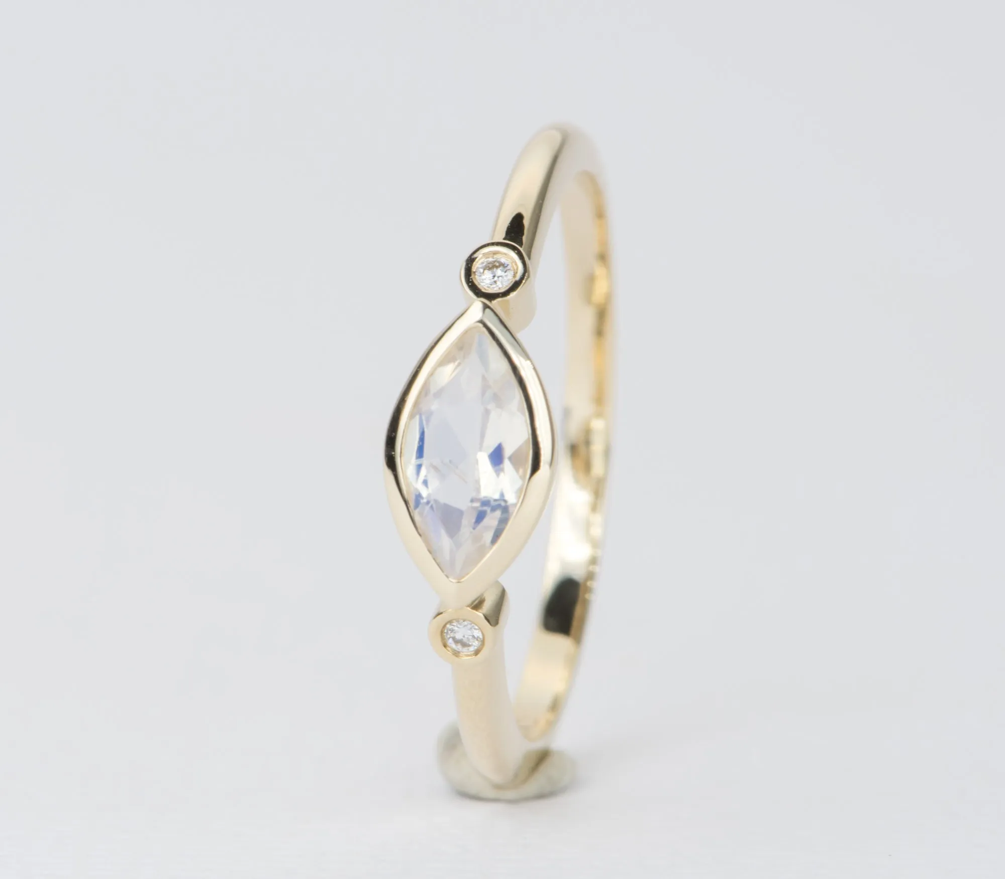 East-West Bezel Set Marquise Rainbow Moonstone with Diamonds 14K Engagement Ring AD1234