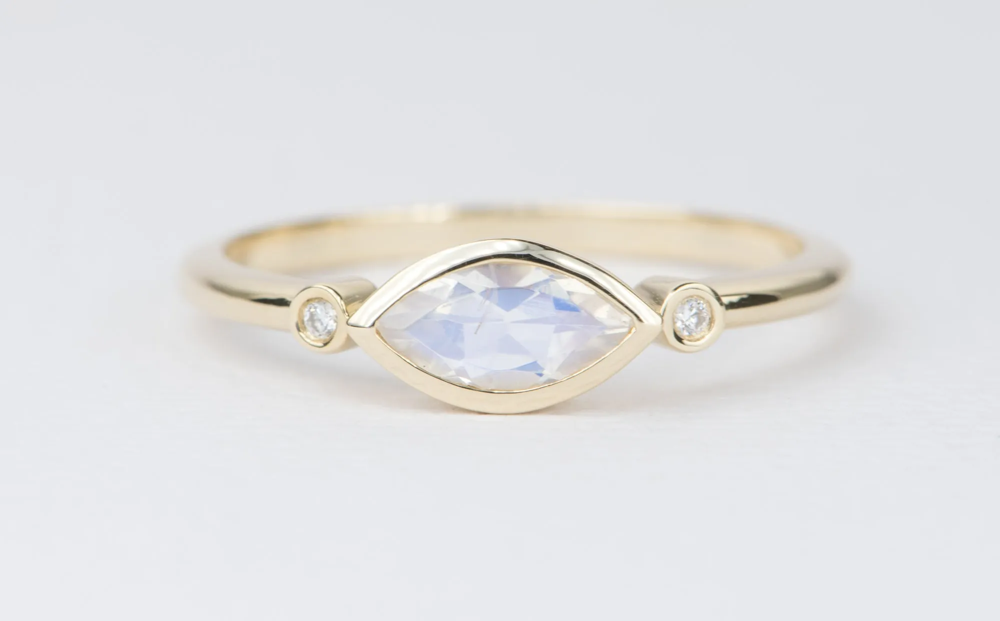 East-West Bezel Set Marquise Rainbow Moonstone with Diamonds 14K Engagement Ring AD1234