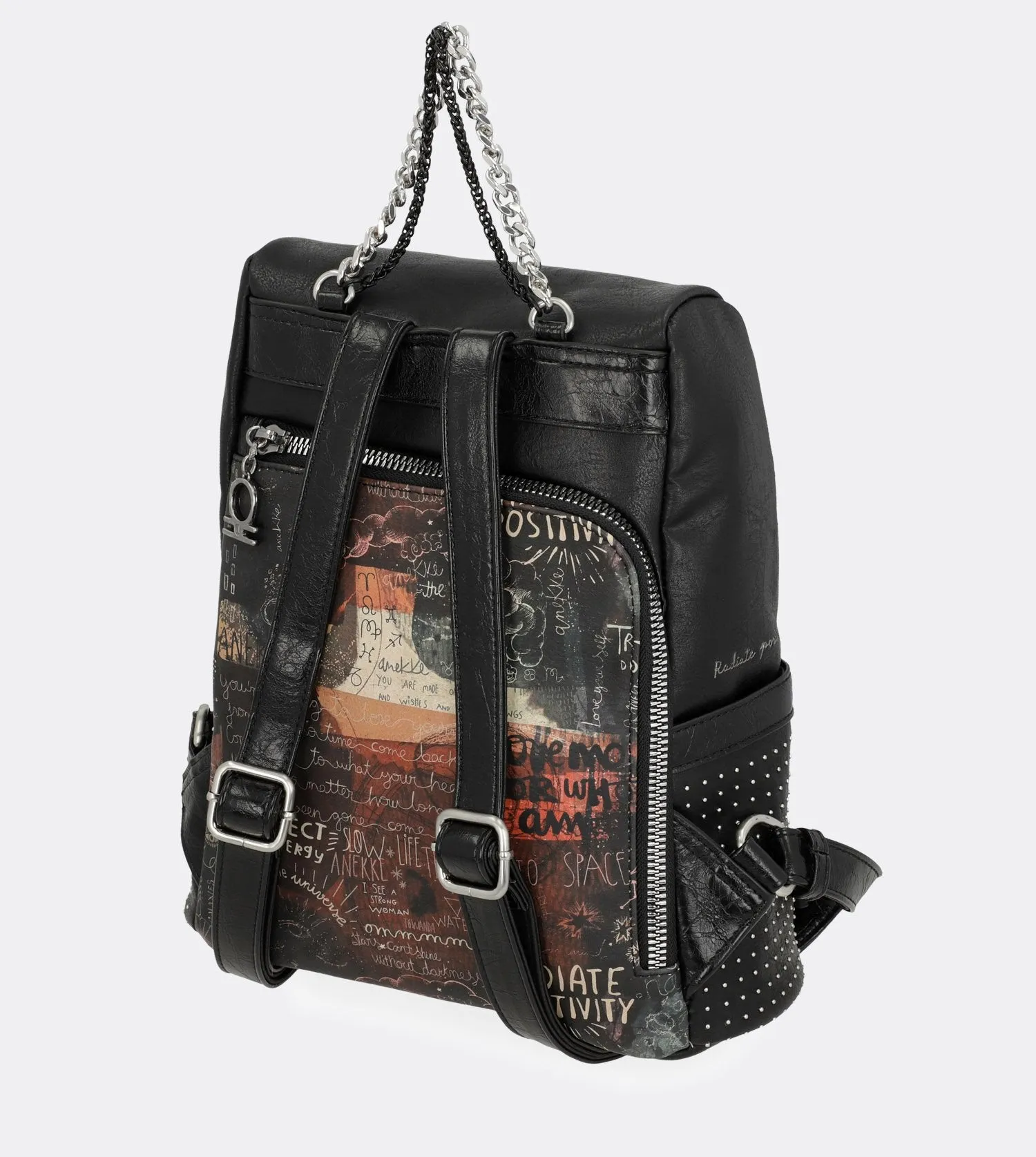 Elegant spirit backpack with a chain and a printed design