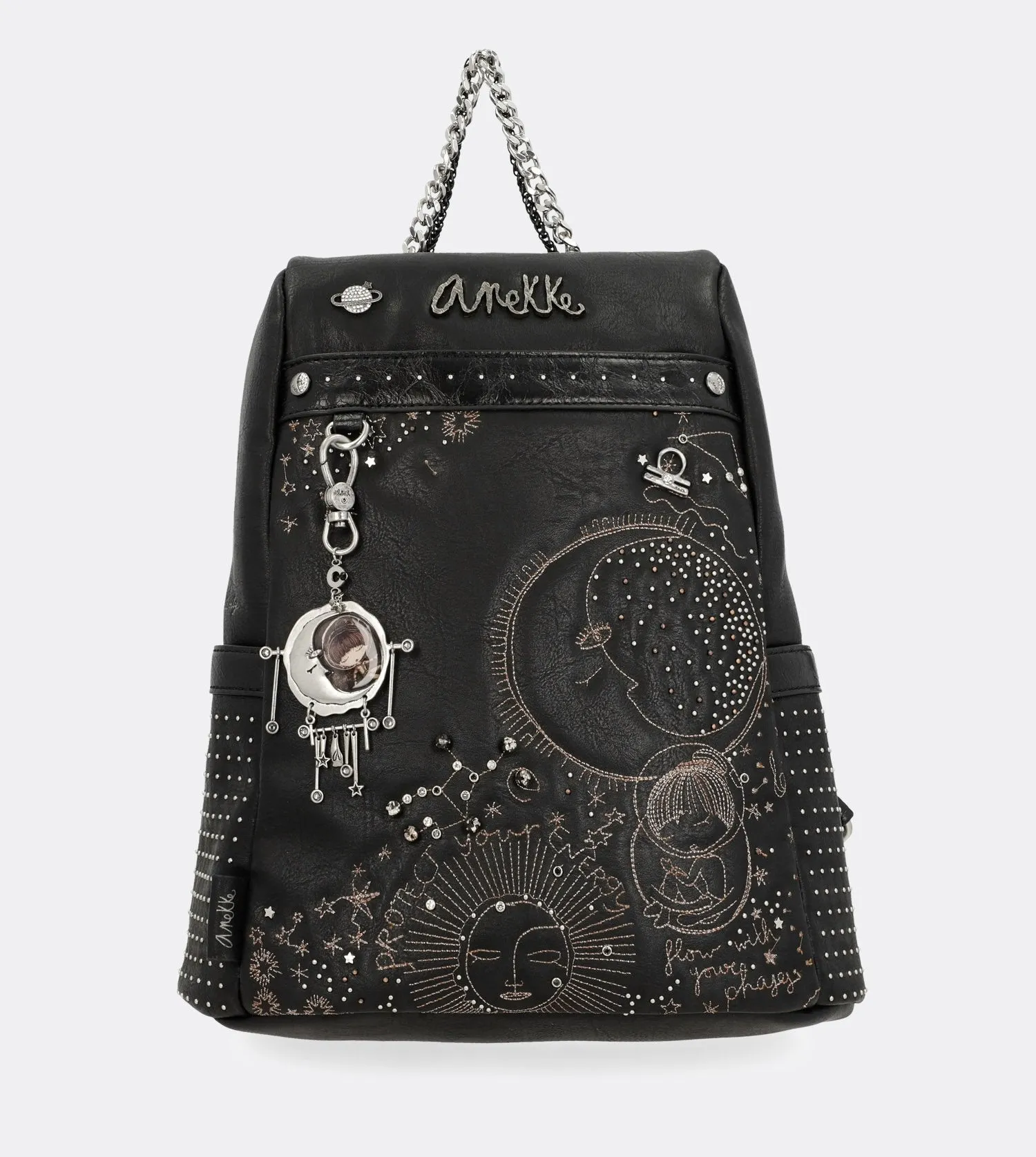 Elegant spirit backpack with a chain and a printed design