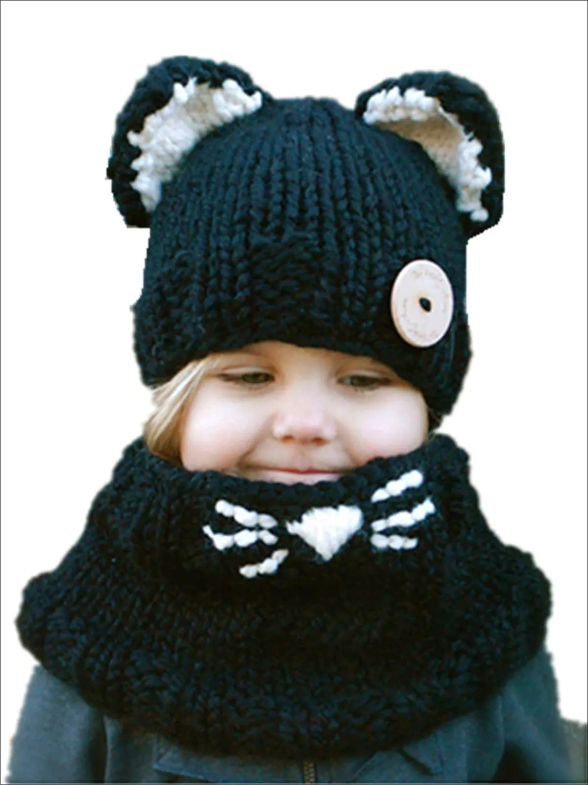 Girls Fall Knitted Cat Ear Hat with Whisker Neck Scarf