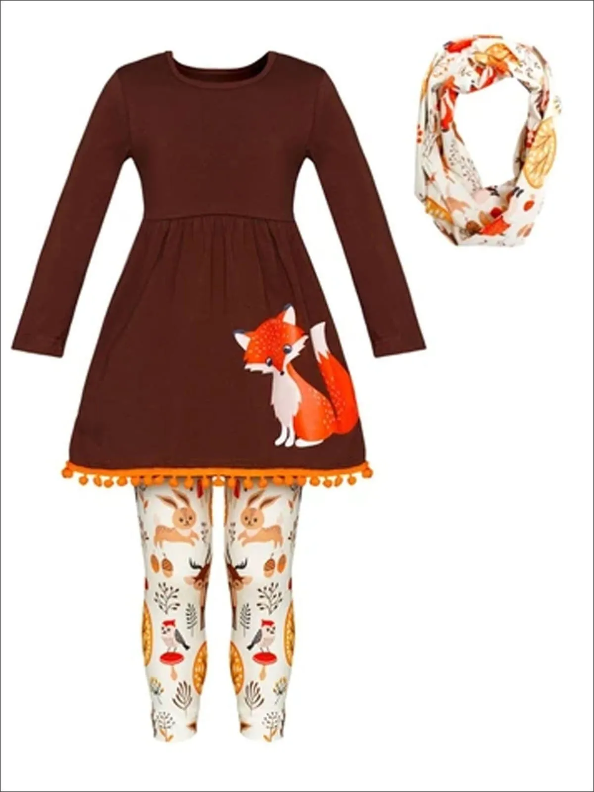 Girls Long Sleeve Fox Applique Tunic with Pom Pom Hem, Printed Leggings And Scarf Set