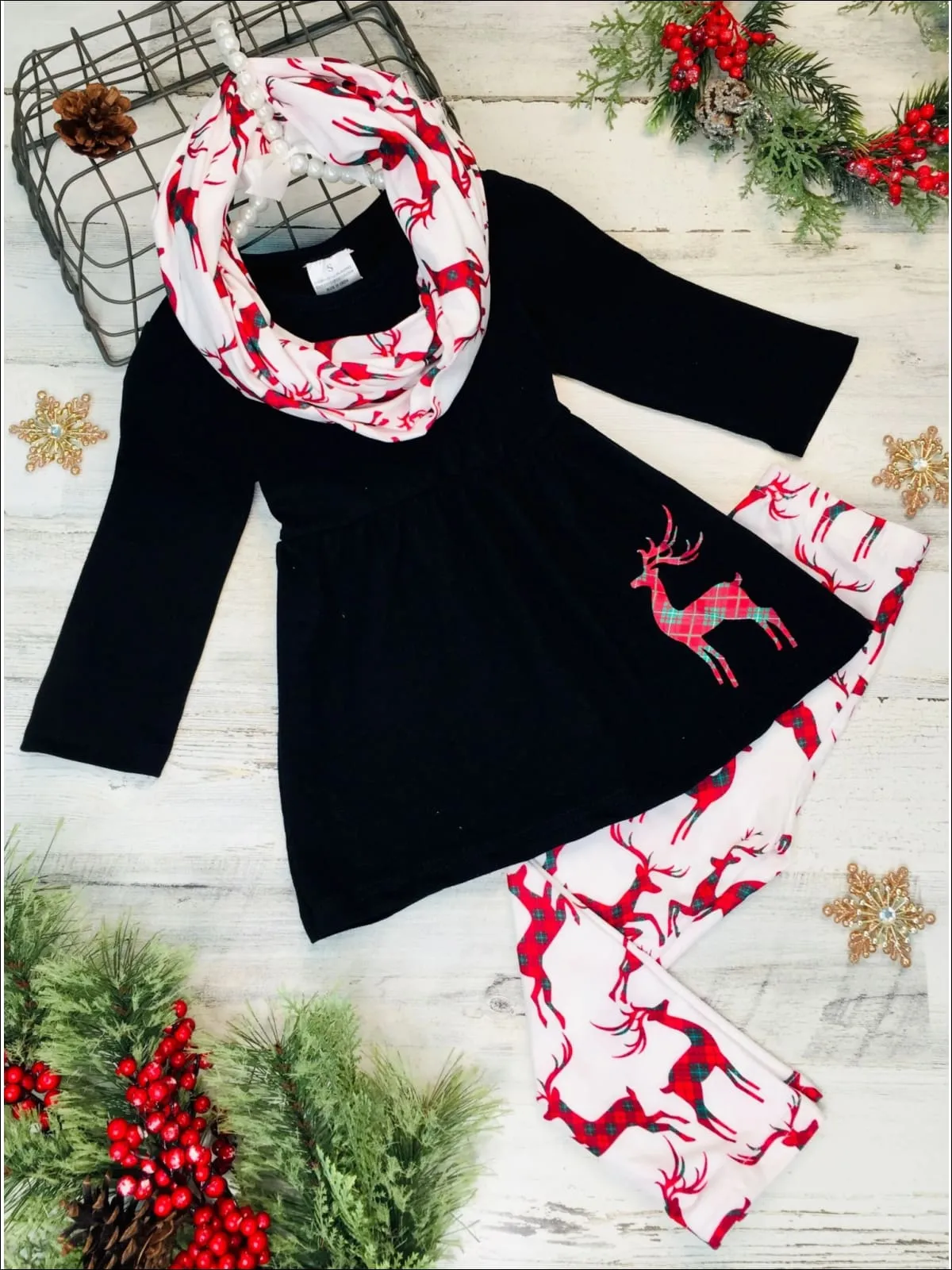 Girls Plaid Reindeer Tunic,Leggings and Scarf Set