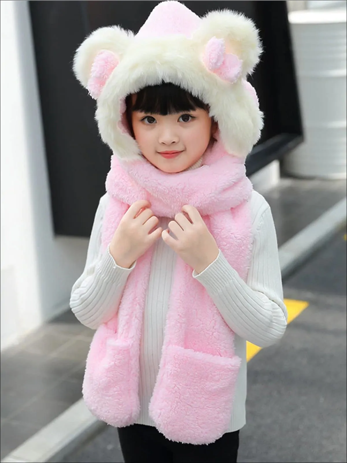 Girls Soft Plush Bear Ear Winter Hat with Neck Scarf