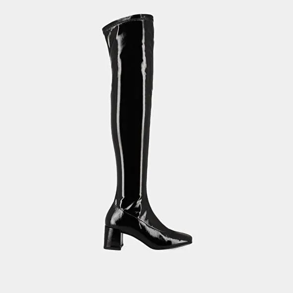 High boots with heels in black stretch patent