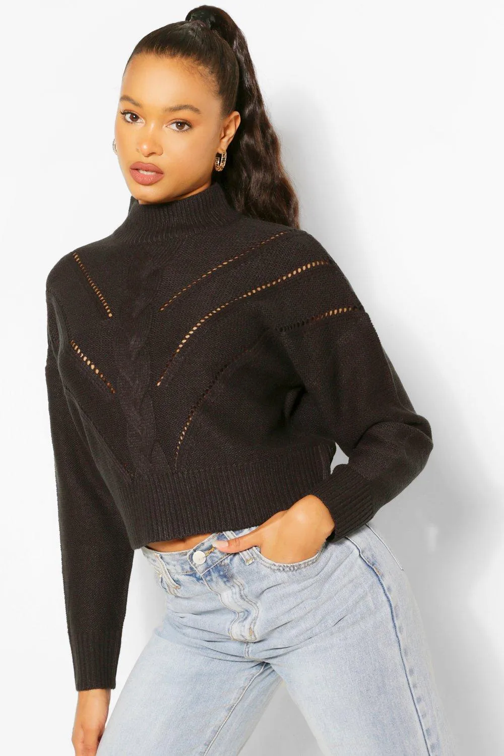 High Neck Knit Detail Sweater