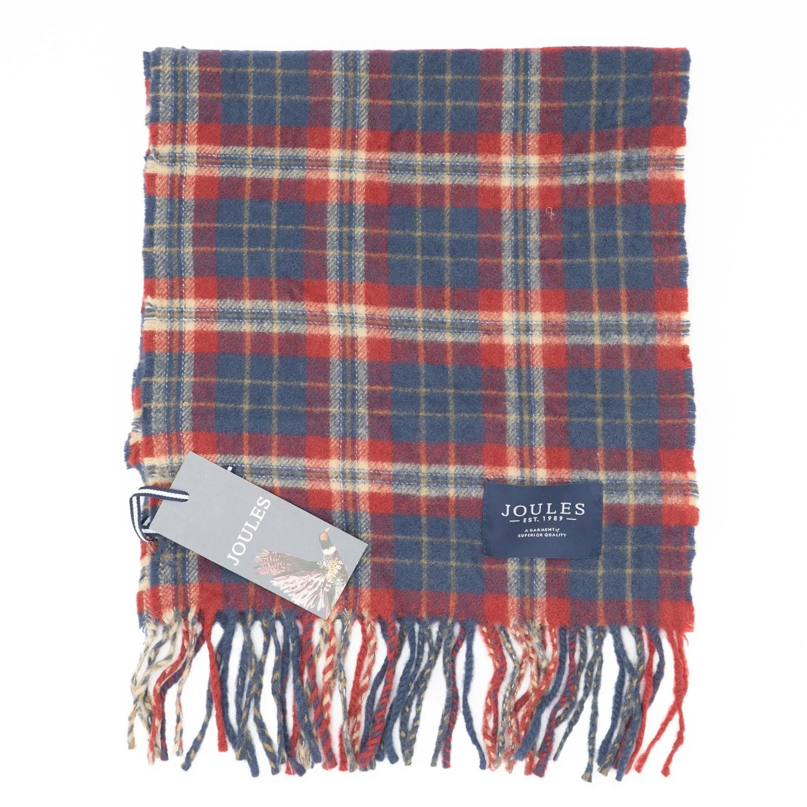 Joules Check Red Brushed Wool Mix Tytherton Scarf for Men