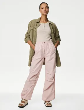 M&S Women's Pure Cotton Drawstring Parachute Trousers - 10SHT - Dusted Pink, Ecru,Soft Green,Dusted Pink