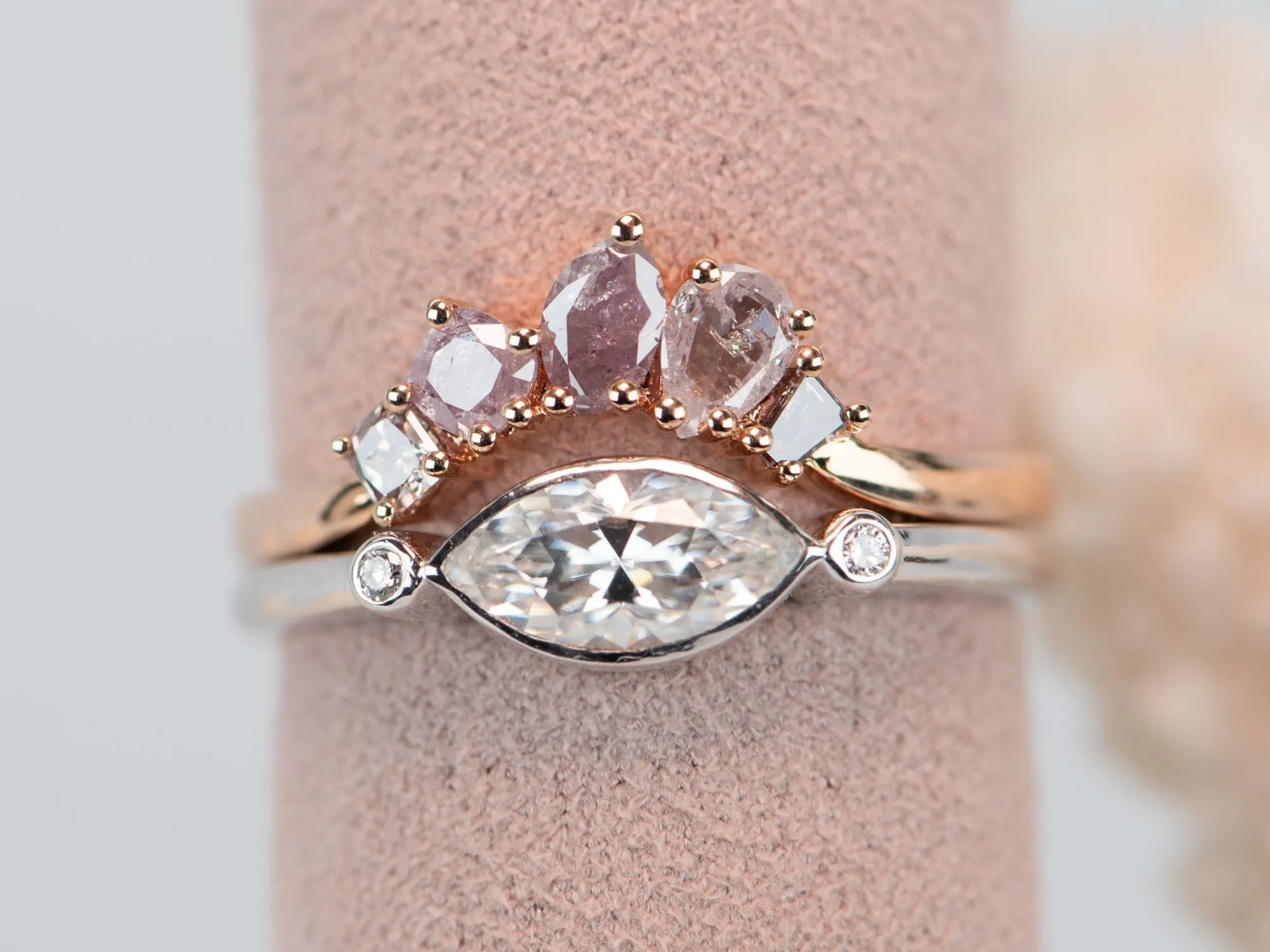 Natural Pink Diamond Curve Crown Ring 14K Rose Gold R5079