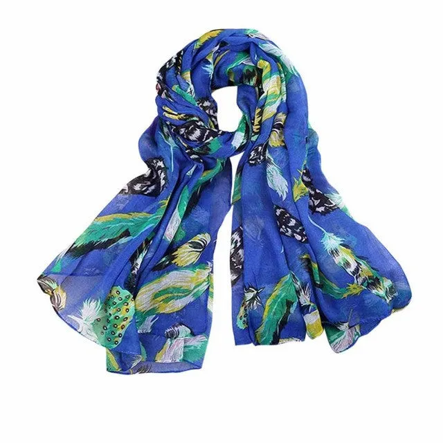 New Arrival Scarf Women Ladies Leaves Birds Print Voile Soft Long Scarf Warm Wrap Shawls Female echarpe hiver femme #1201 GS