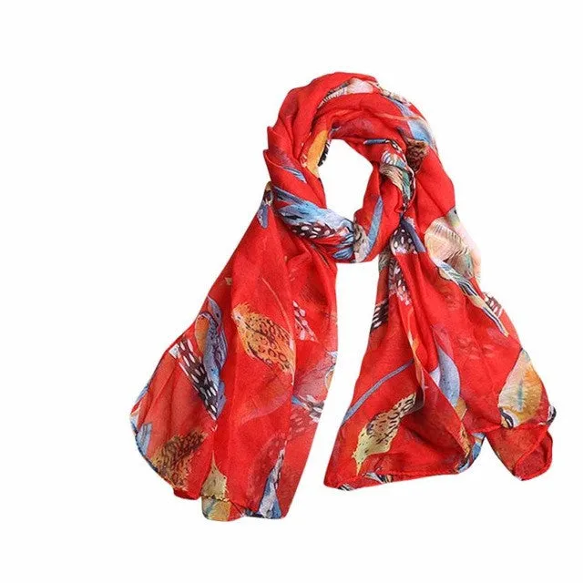 New Arrival Scarf Women Ladies Leaves Birds Print Voile Soft Long Scarf Warm Wrap Shawls Female echarpe hiver femme #1201 GS