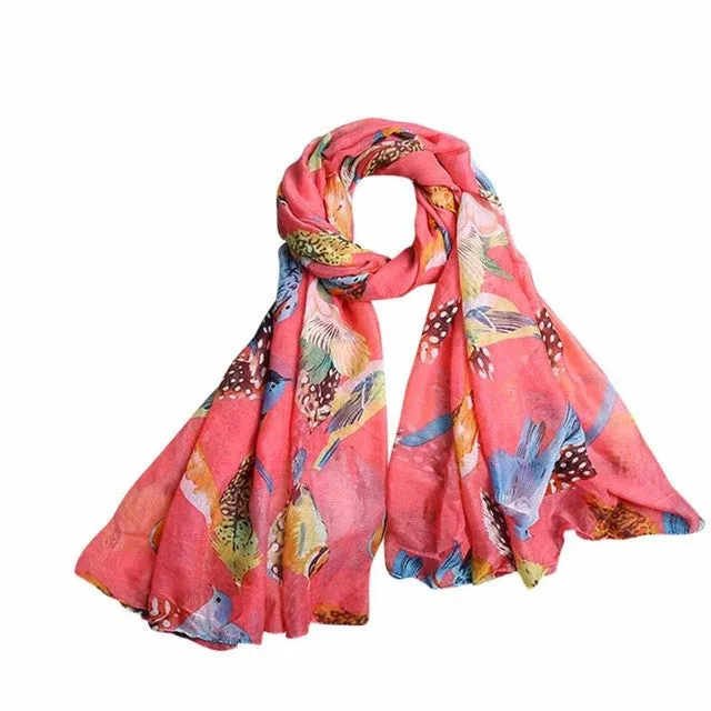 New Arrival Scarf Women Ladies Leaves Birds Print Voile Soft Long Scarf Warm Wrap Shawls Female echarpe hiver femme #1201 GS