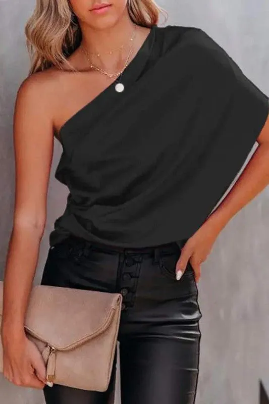 One Shoulder Draped Detail Satin Top