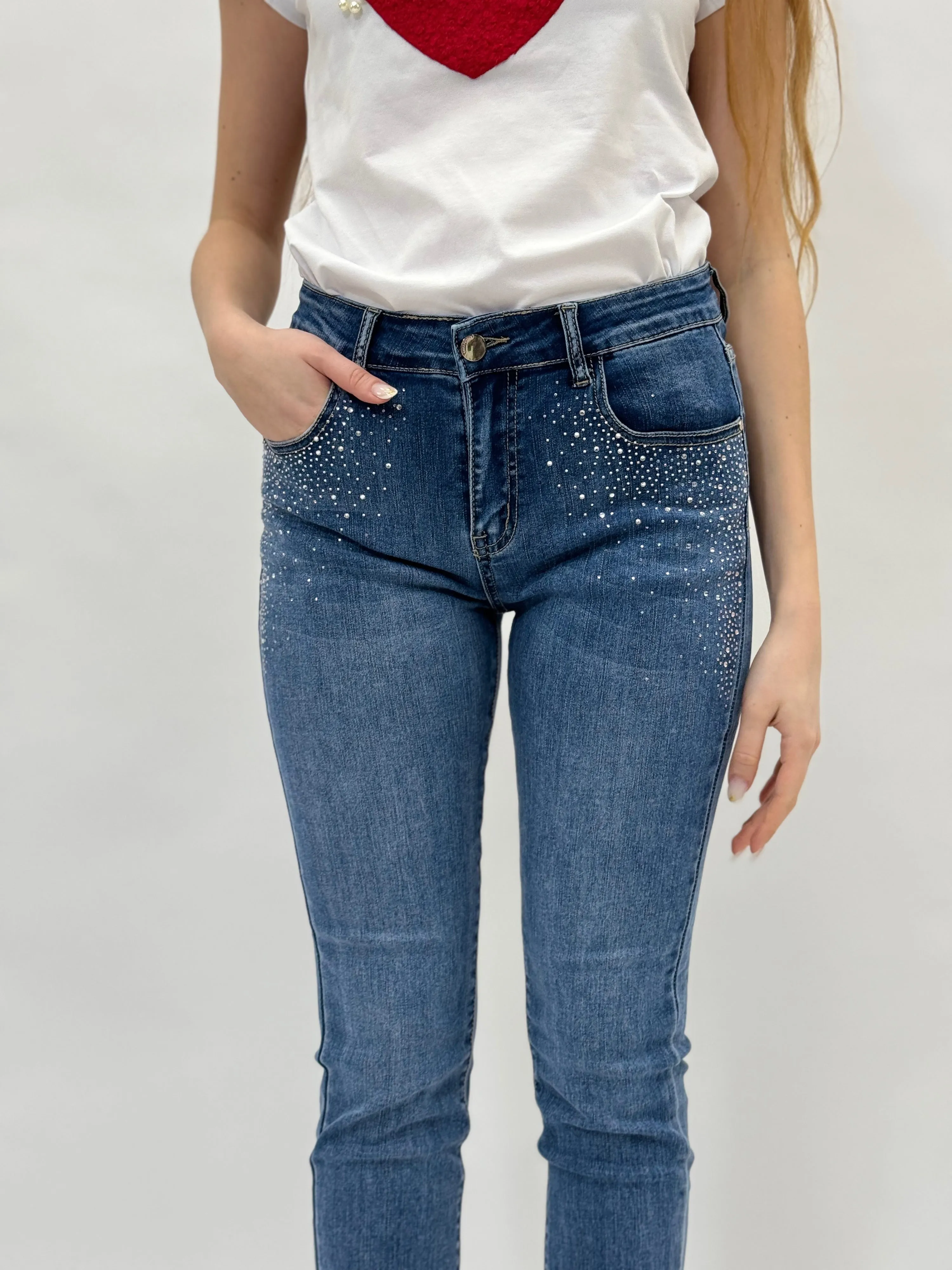 Pantaloni jeans con dettagli brillanti