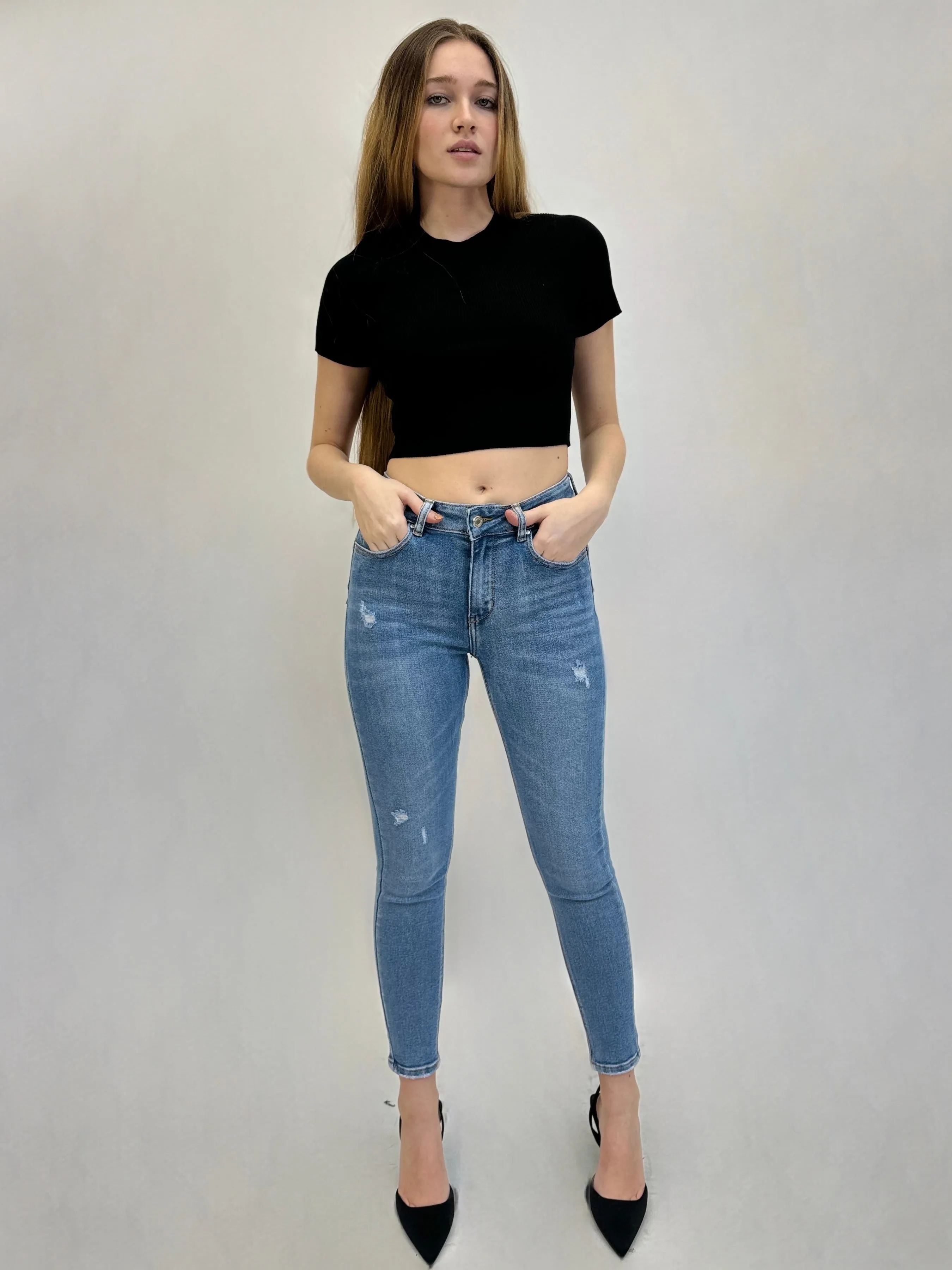 Pantaloni jeans skinny vita media effetto push up