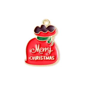 Pendants, Christmas Git Bag, Single-Sided, Red, Enameled, Light Gold Alloy, 24mm