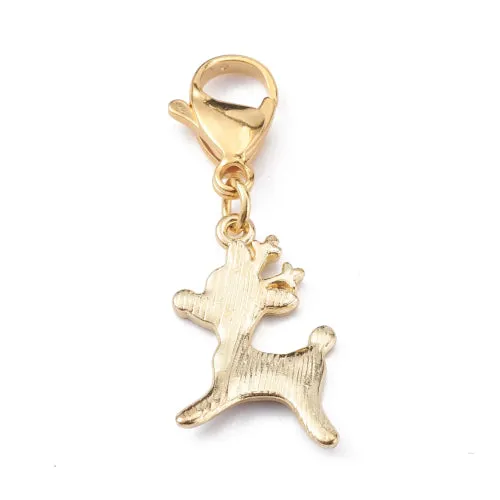 Pendants, Christmas Reindeer, With 304 Stainless Steel Lobster Clasp, Gold Plated, Single-Sided, Brown, White, Enamel, 25mm