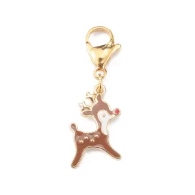 Pendants, Christmas Reindeer, With 304 Stainless Steel Lobster Clasp, Gold Plated, Single-Sided, Brown, White, Enamel, 25mm