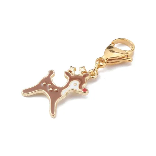 Pendants, Christmas Reindeer, With 304 Stainless Steel Lobster Clasp, Gold Plated, Single-Sided, Brown, White, Enamel, 25mm